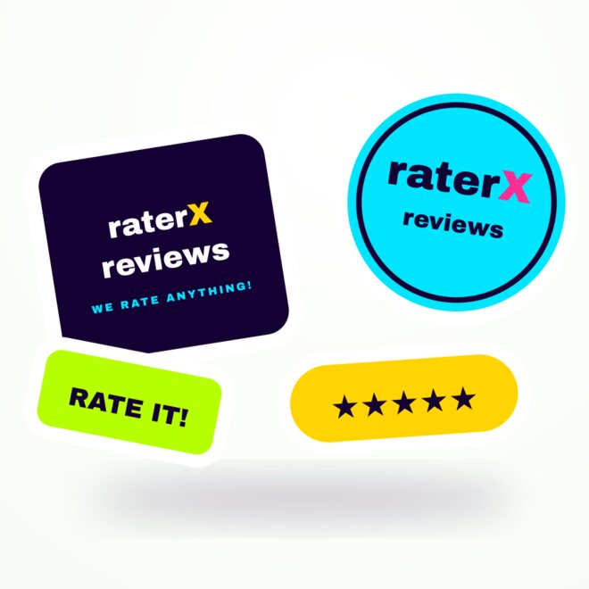 Four die-cut raterXreviews vinyl stickers