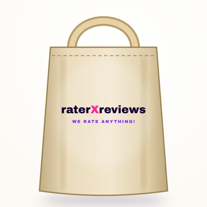 Natural canvas tote bag printed with the raterXreviews logo